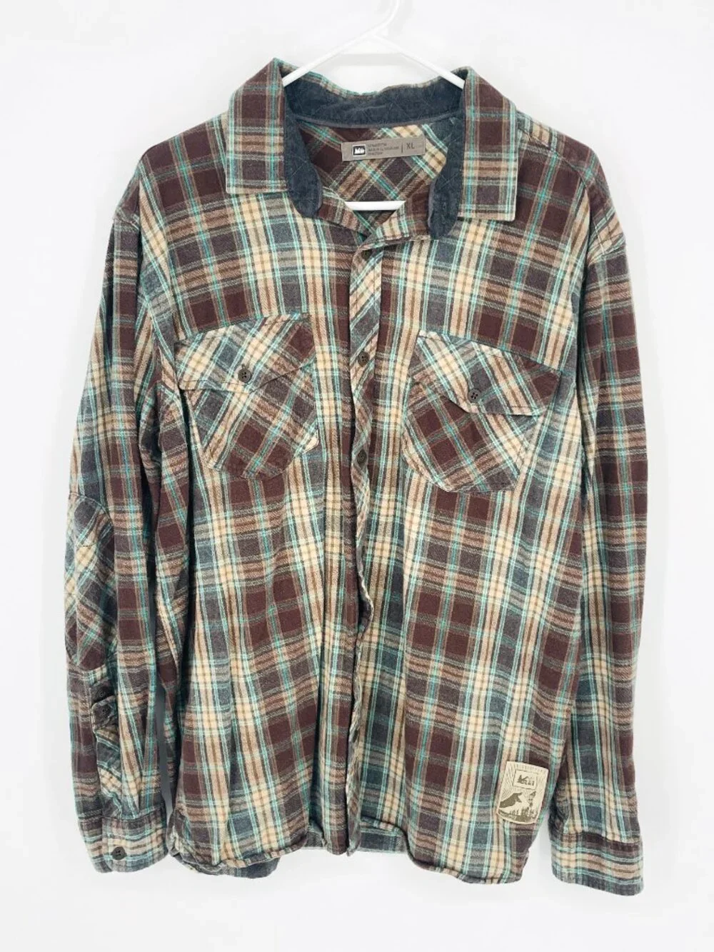 REI Co-op Plaid Flannel Shirt Mens XL Plaid Brown Teal Quilted Elbow Patches